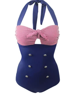 Sale Retro Stage Stripe Patchwork Halter One-Piece Swimsuit Blue