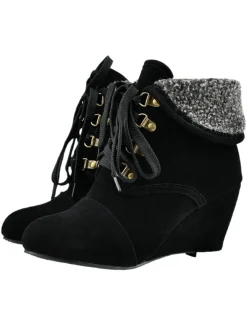 Outlet Retro Stage Suede Fleece Lace-Up Wedge Heel Ankle Boots