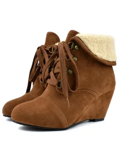 Outlet Retro Stage Suede Fleece Lace-Up Wedge Heel Ankle Boots