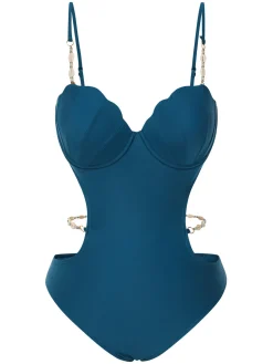 New Retro Stage 1960s Seashell Spaghetti Strap Cut-Out Swimsuit Teal