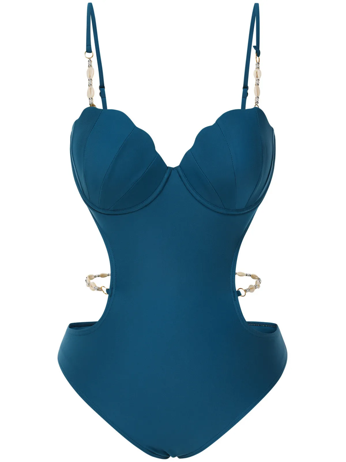 New Retro Stage 1960s Seashell Spaghetti Strap Cut-Out Swimsuit Teal
