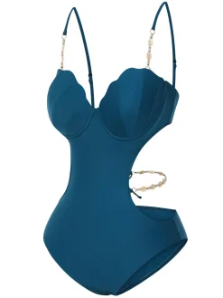 New Retro Stage 1960s Seashell Spaghetti Strap Cut-Out Swimsuit Teal