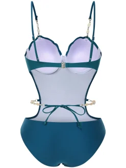 New Retro Stage 1960s Seashell Spaghetti Strap Cut-Out Swimsuit Teal