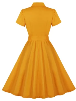 Sale Retro Stage 1950s Buttoned Lapel Belted Dress Turmeric