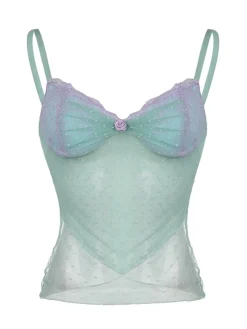 Hot Retro Stage 1940s Dots Mesh Mermaid Camisole Turquoise