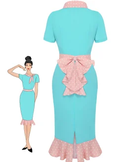 Outlet Retro Stage Turquoise 1930s Polka Dots Ruffles Dress Blue Green