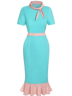 Outlet Retro Stage Turquoise 1930s Polka Dots Ruffles Dress Blue Green