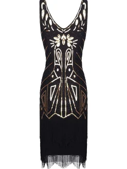 Discount Retro Stage US Only 1920sSequin Fringed Flapper Dress Black