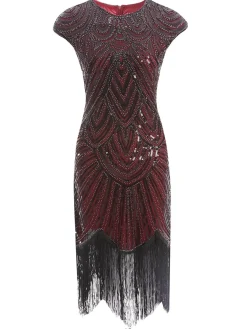 Hot Retro Stage US Only 1920s Sequin Beaded Fringed Dress Wine red