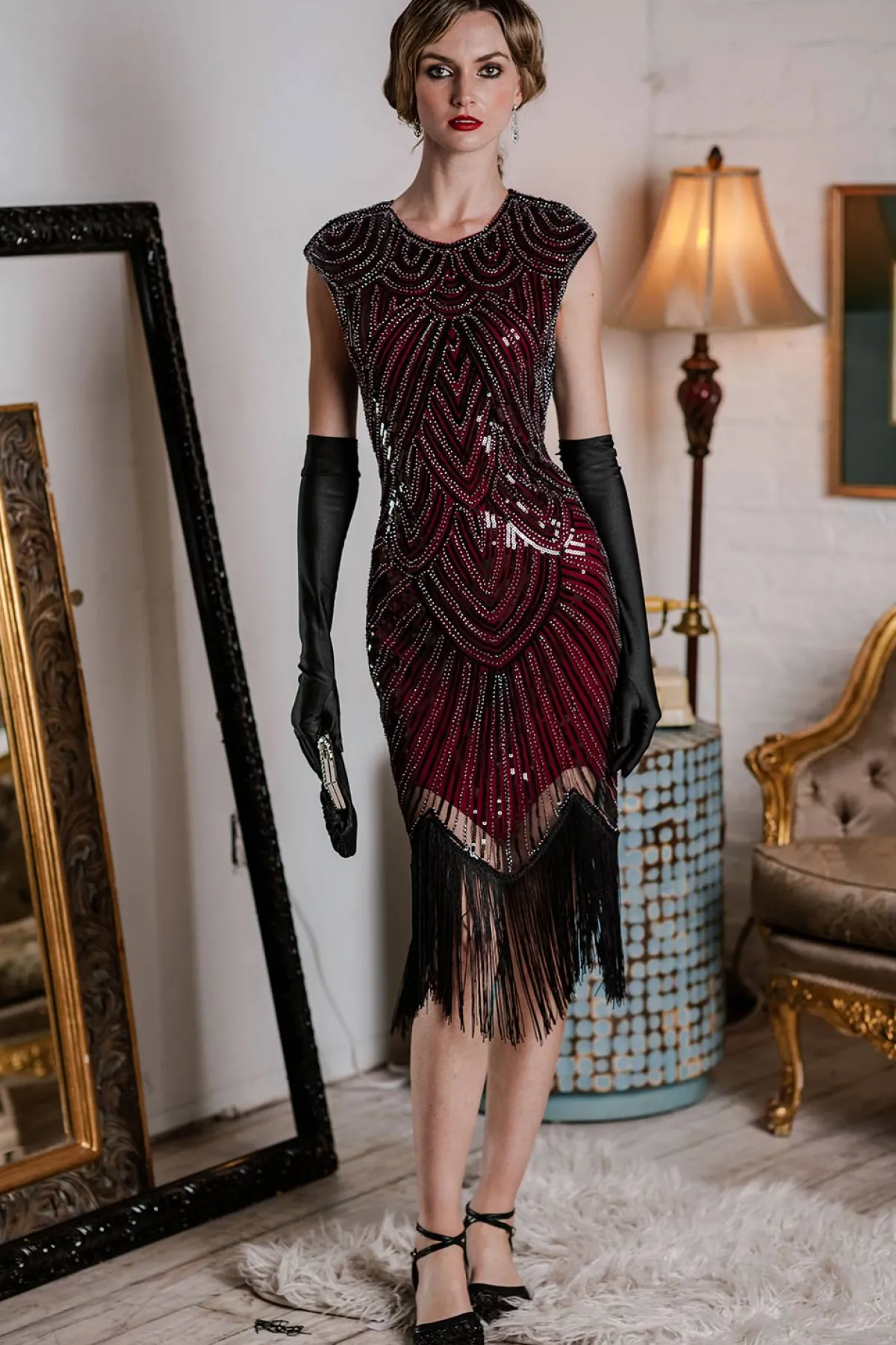 Hot Retro Stage US Only 1920s Sequin Beaded Fringed Dress Wine red