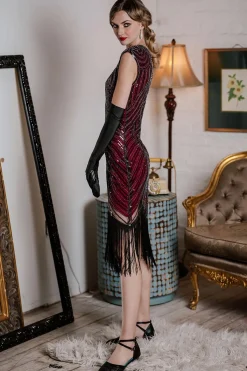 Hot Retro Stage US Only 1920s Sequin Beaded Fringed Dress Wine red