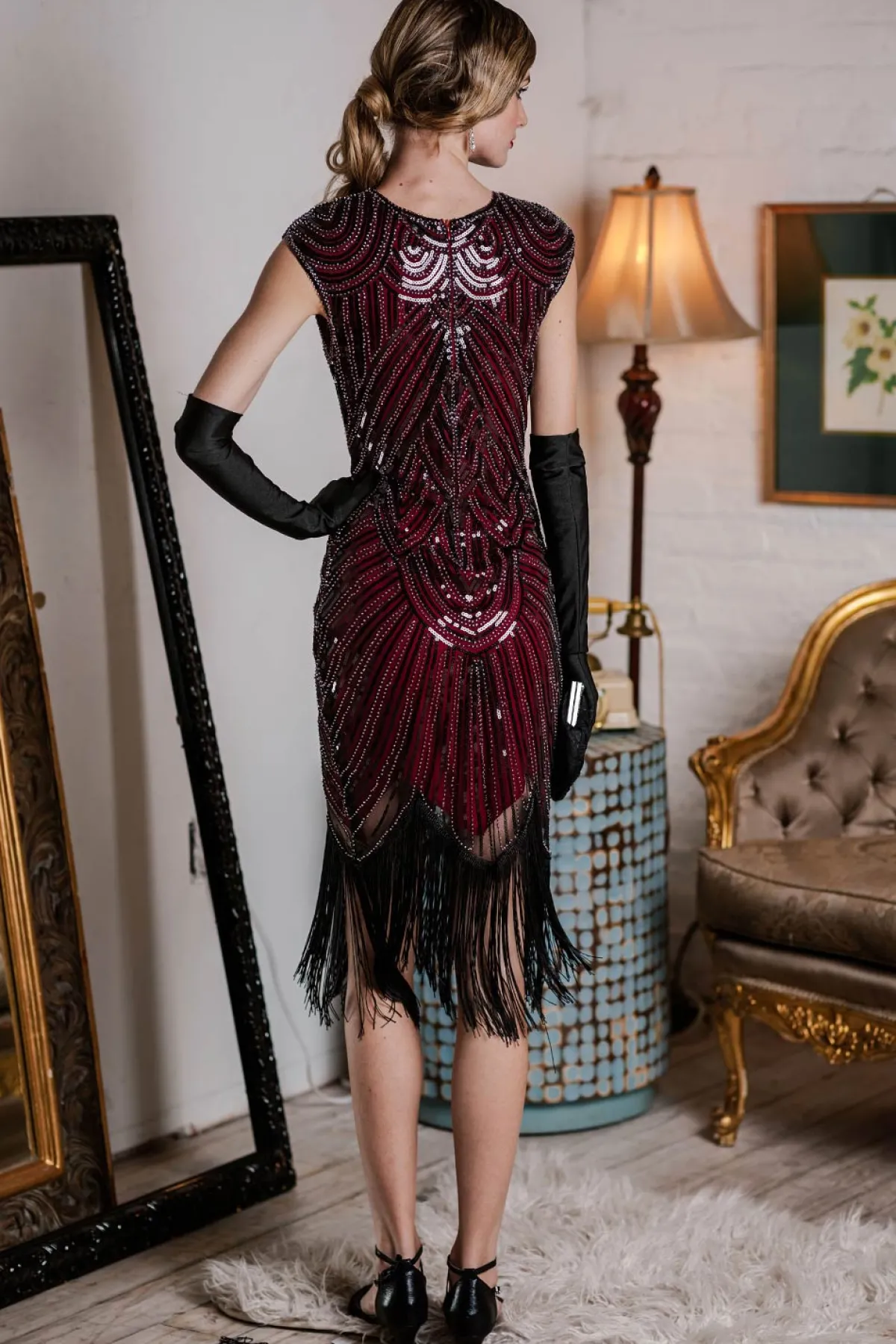 Hot Retro Stage US Only 1920s Sequin Beaded Fringed Dress Wine red