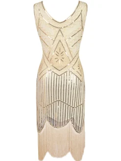 Discount Retro Stage [US Warehouse] 1920s Beaded Sequin Flapper Dress Apricot