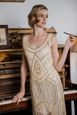 Discount Retro Stage [US Warehouse] 1920s Beaded Sequin Flapper Dress Apricot