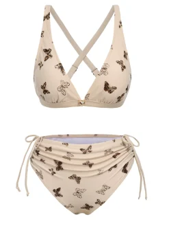 Best Retro Stage [US Warehouse] 1950s Butterfly Mesh Lace-Up Swimsuit Apricot