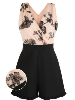 Sale Retro Stage [US Warehouse] 1950s Patchwork Butterfly Lace Romper Apricot
