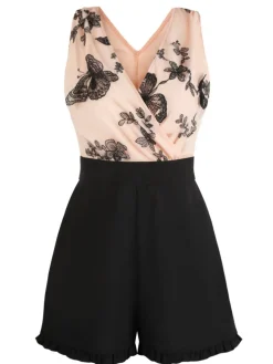 Sale Retro Stage [US Warehouse] 1950s Patchwork Butterfly Lace Romper Apricot