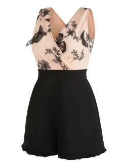 Sale Retro Stage [US Warehouse] 1950s Patchwork Butterfly Lace Romper Apricot