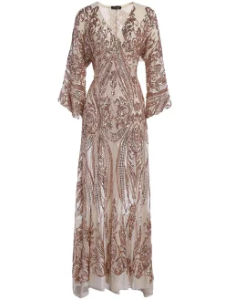 Sale Retro Stage [US Warehouse] Apricot 1920s Sequined Maxi Cover-ups Dress