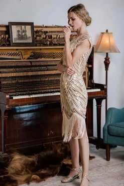 Sale Retro Stage [US Warehouse] Apricot 1920s Sequin Beaded Fringed Dress