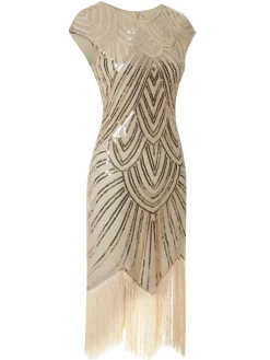 Sale Retro Stage [US Warehouse] Apricot 1920s Sequin Beaded Fringed Dress
