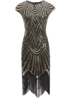 Sale Retro Stage [US Warehouse] Apricot 1920s Sequin Beaded Fringed Dress