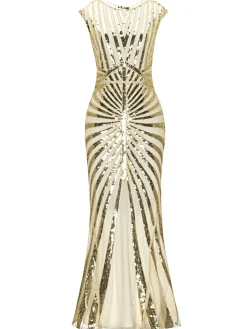 Best Retro Stage [US Warehouse] 1920s Sequin Art Deco Maxi Dress Apricot