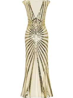 Best Retro Stage [US Warehouse] 1920s Sequin Art Deco Maxi Dress Apricot