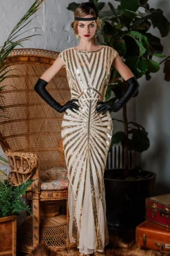 Best Retro Stage [US Warehouse] 1920s Sequin Art Deco Maxi Dress Apricot