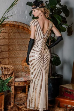 Best Retro Stage [US Warehouse] 1920s Sequin Art Deco Maxi Dress Apricot