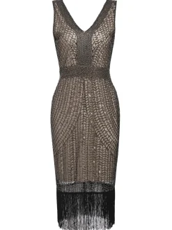 Fashion Retro Stage [US Warehouse] 1920s Sequin Fringe Flapper Dress Apricot