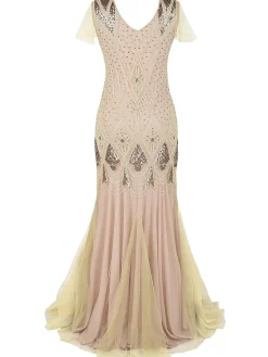 Discount Retro Stage [US Warehouse] Sequin Gatsby Maxi Dresses Apricot