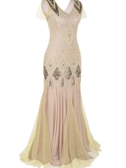 Discount Retro Stage [US Warehouse] Sequin Gatsby Maxi Dresses Apricot
