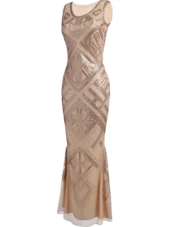 Fashion Retro Stage [US Warehouse] 1920s Sequined Maxi Dress Beige