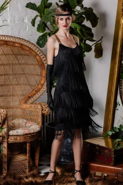 Hot Retro Stage [US Warehouse] Belted 1920s Fringe Gatsby Dress black