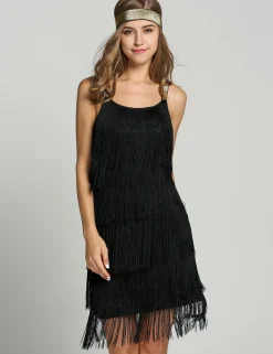 Hot Retro Stage [US Warehouse] Belted 1920s Fringe Gatsby Dress black