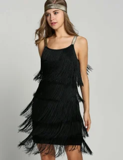 Hot Retro Stage [US Warehouse] Belted 1920s Fringe Gatsby Dress black