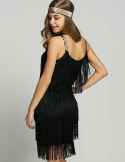 Hot Retro Stage [US Warehouse] Belted 1920s Fringe Gatsby Dress black