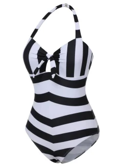 Sale Retro Stage [US Warehouse] 1950s Barbie Stripes Halter Swimsuit Black & White