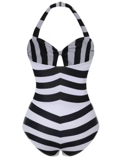 Sale Retro Stage [US Warehouse] 1950s Barbie Stripes Halter Swimsuit Black & White