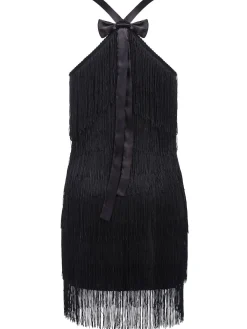 Fashion Retro Stage [US Warehouse] 1920s Back Bow Tassel Flapper Dress Black