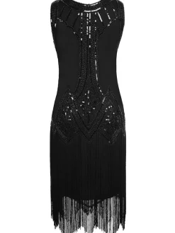 Outlet Retro Stage [US Warehouse] 1920s Beaded Fringed Flapper Dress Black
