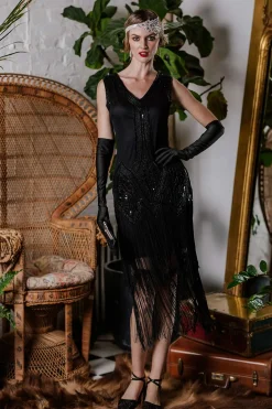 Outlet Retro Stage [US Warehouse] 1920s Beaded Fringed Flapper Dress Black