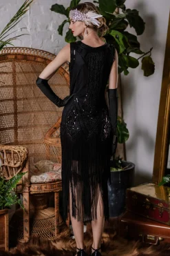 Outlet Retro Stage [US Warehouse] 1920s Beaded Fringed Flapper Dress Black