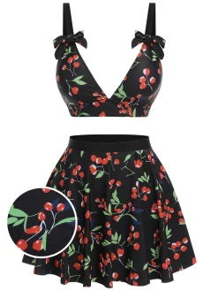 Online Retro Stage [US Warehouse] 1950s Cherry Bow V-Neck Swimsuit Black