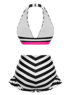 Outlet Retro Stage [US Warehouse] Black 1950s Contrast Bow Ruffle Stripes Bikini