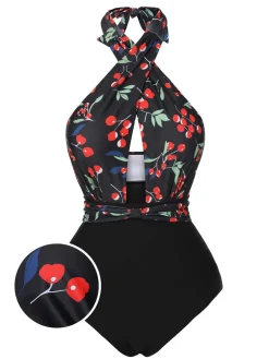 Discount Retro Stage [US Warehouse] Black 1950s Cross Halter Cherry Swimsuit