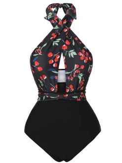 Discount Retro Stage [US Warehouse] Black 1950s Cross Halter Cherry Swimsuit