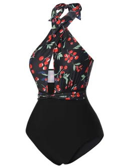 Discount Retro Stage [US Warehouse] Black 1950s Cross Halter Cherry Swimsuit