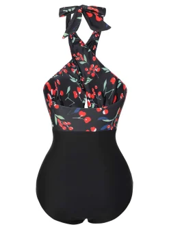 Discount Retro Stage [US Warehouse] Black 1950s Cross Halter Cherry Swimsuit